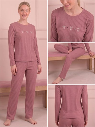 Kadın Kurdele İşlemeli Bisiklet Yaka Uzun Kol Altı Uzun Pamuklu Fitilli Pijama Takımı