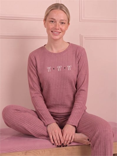 Kadın Kurdele İşlemeli Bisiklet Yaka Uzun Kol Altı Uzun Pamuklu Fitilli Pijama Takımı
