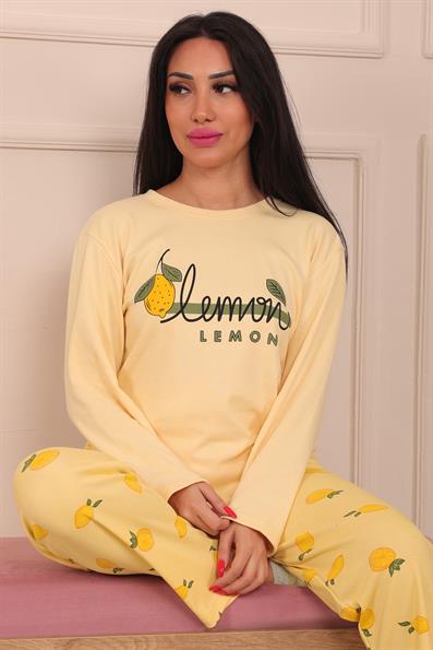 Kadın Lemon Sloganlı Bisiklet Yaka Uzun Kol Altı Uzun Penye Pijama Takımı