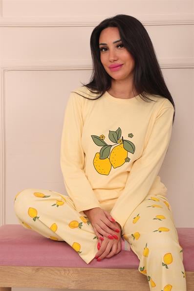 Kadın Lemon Sloganlı Bisiklet Yaka Uzun Kol Altı Uzun Penye Pijama Takımı