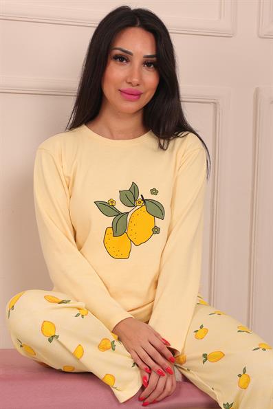 Kadın Lemon Sloganlı Bisiklet Yaka Uzun Kol Altı Uzun Penye Pijama Takımı