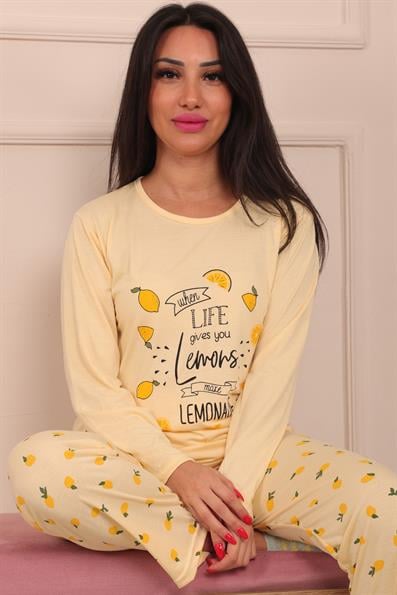 Kadın Lemon Sloganlı ve Altı Limon Desenli  Bisiklet Yaka Uzun Kol Altı Uzun Viskon Pijama Takımı