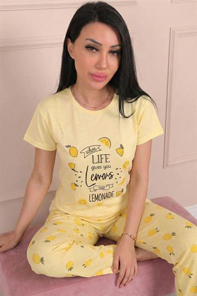 Kadın Lemons Yazılı ve Altı Limon Desenli Penye Kısa Kollu Pijama Takımı