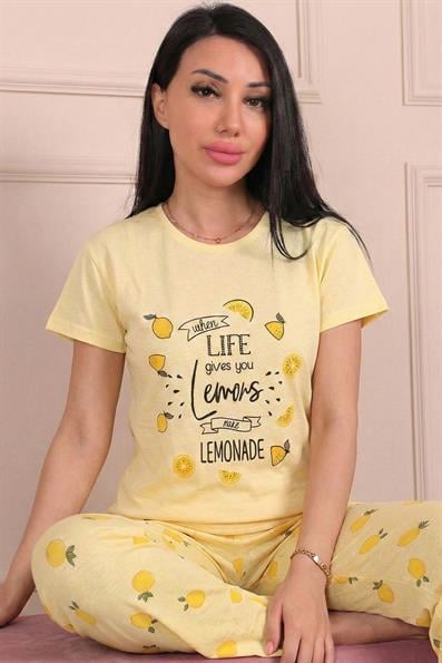 Kadın Lemons Yazılı ve Altı Limon Desenli Penye Kısa Kollu Pijama Takımı