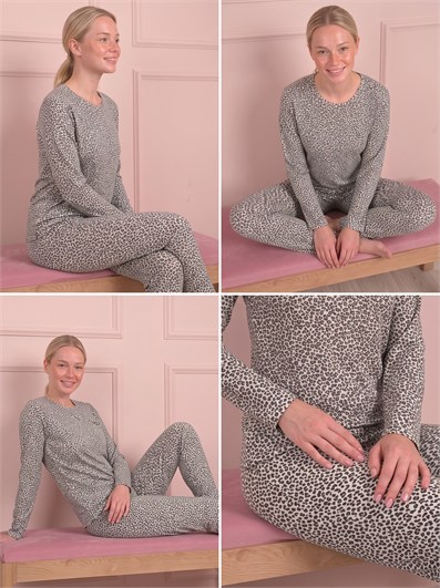 Kadın Leopar Desenli  Bisiklet Yaka Uzun Kol Altı Uzun Penye Pijama Takımı