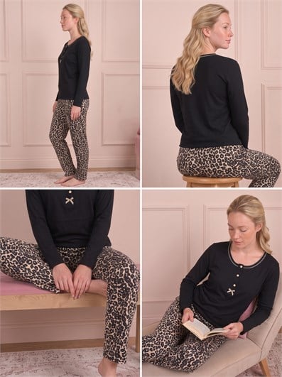 Kadın Leopar Desenli Bisiklet Yaka Uzun Kol Altı Uzun Bambu Pijama Takımı