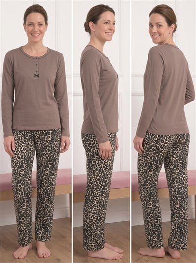 Kadın Leopar Desenli Bisiklet Yaka Uzun Kol Altı Uzun Bambu Pijama Takımı
