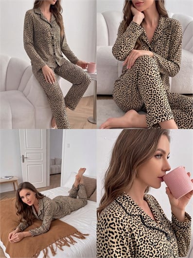 Kadın Leopar Desenli Önü Düğmeli Uzun Kol Altı Uzun Süet Pijama Takımı
