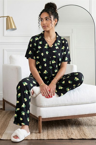 Kadın Limon Desenli Gömlek Yaka Kısa Kol Altı Uzun Serin Tutan Milan Kumaş Pijama Takımı