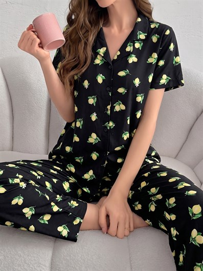 Kadın Limon Desenli Gömlek Yaka Kısa Kol Altı Uzun Serin Tutan Milan Kumaş Pijama Takımı