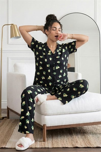 Kadın Limon Desenli Gömlek Yaka Kısa Kol Altı Uzun Serin Tutan Milan Kumaş Pijama Takımı