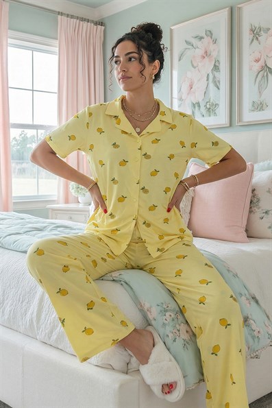 Kadın Limon Desenli Gömlek Yaka Kısa Kol Altı Uzun Serin Tutan Milan Kumaş Pijama Takımı
