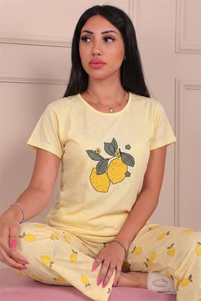 Kadın Limon Desenli ve Altı Desenli Penye Pijama Takımı