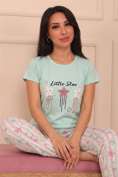 Kadın Little Star Sloganlı ve Altı Yıldız Desenli Kısa Kollu Pijama Takımı