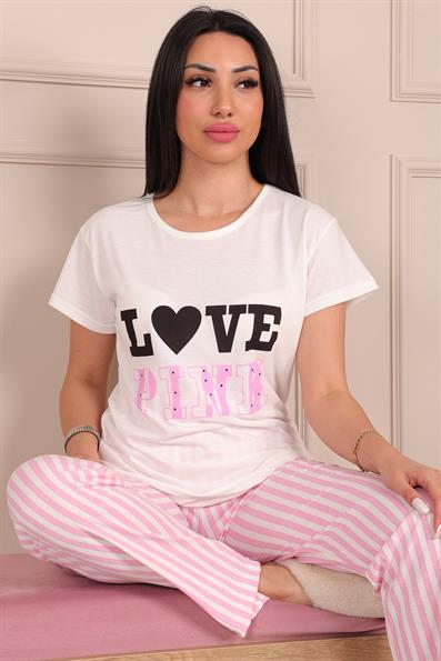 Kadın Love Pink Sloganlı Kısa Kol Altı Uzun ve Desenli Penye Pijama Takımı BEYAZ