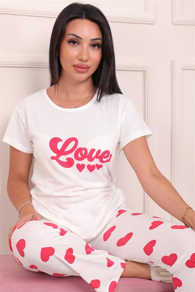 Kadın Love Sloganlı Bisiklet Yaka Kısa Kol Altı Uzun Penye Pijama Takımı