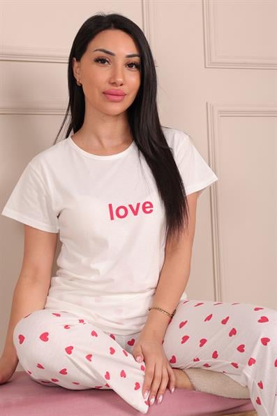 Kadın Love Sloganlı Bisiklet Yaka Kısa Kol Altı Uzun Penye Pijama Takımı