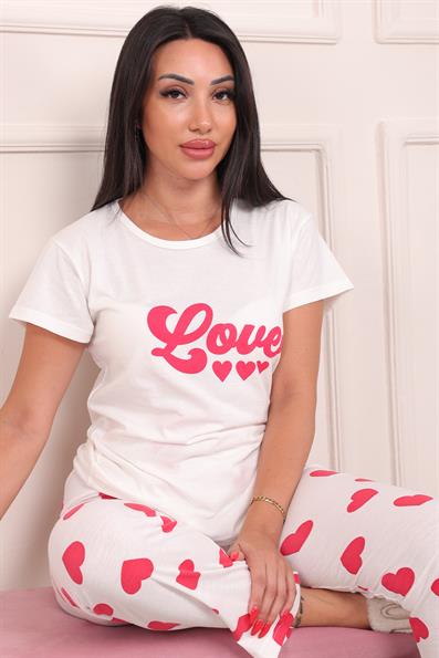 Kadın Love Sloganlı Bisiklet Yaka Kısa Kol Altı Uzun Penye Pijama Takımı