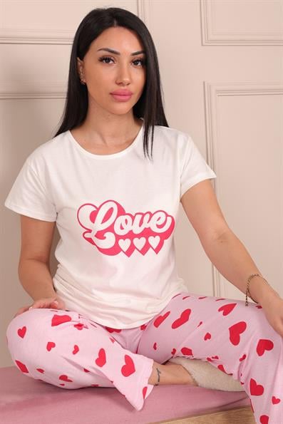 Kadın Love Sloganlı Bisiklet Yaka Kısa Kol Altı Uzun Penye Pijama Takımı