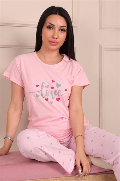 Kadın Love Sloganlı Bisiklet Yaka Kısa Kol Altı Uzun Penye Pijama Takımı