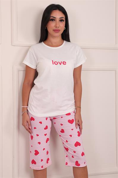 Kadın Love Sloganlı Bisiklet Yaka Kısa Kol Altı Kapri Penye Pijama Takımı