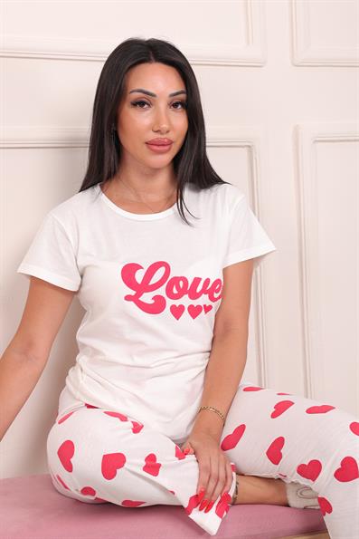 Kadın Love Sloganlı Bisiklet Yaka Kısa Kol Altı Uzun Penye Pijama Takımı