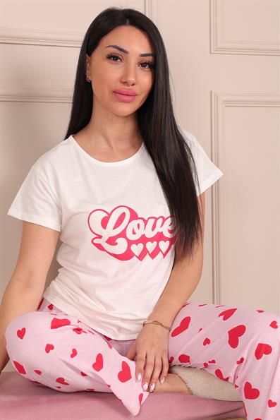 Kadın Love Sloganlı Bisiklet Yaka Kısa Kol Altı Uzun Penye Pijama Takımı