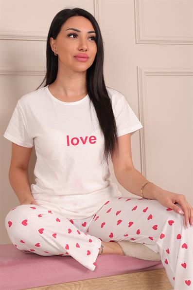 Kadın Love Sloganlı Bisiklet Yaka Kısa Kol Altı Uzun Penye Pijama Takımı