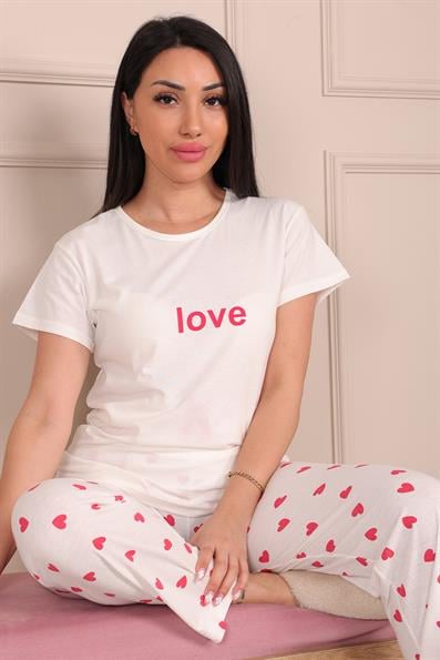 Kadın Love Sloganlı Bisiklet Yaka Kısa Kol Altı Uzun Penye Pijama Takımı