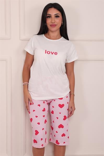 Kadın Love Sloganlı Bisiklet Yaka Kısa Kol Altı Kapri Penye Pijama Takımı