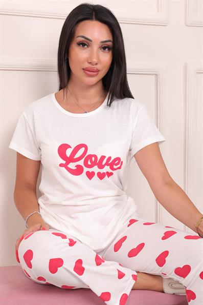 Kadın Love Sloganlı Bisiklet Yaka Kısa Kol Altı Uzun Penye Pijama Takımı