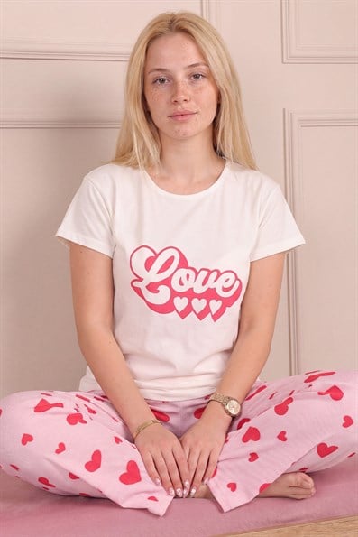 Kadın Love Sloganlı Bisiklet Yaka Kısa Kol Altı Uzun Penye Pijama Takımı