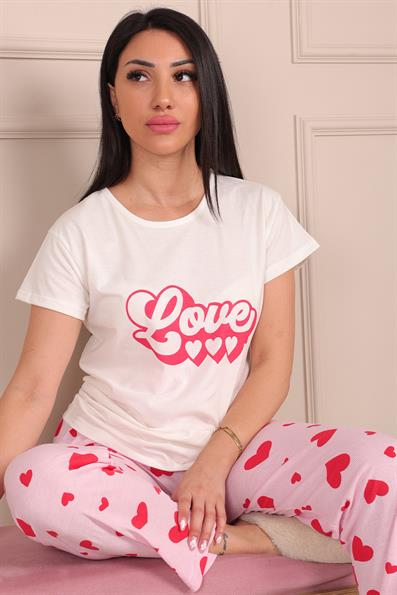 Kadın Love Sloganlı Bisiklet Yaka Kısa Kol Altı Uzun Penye Pijama Takımı