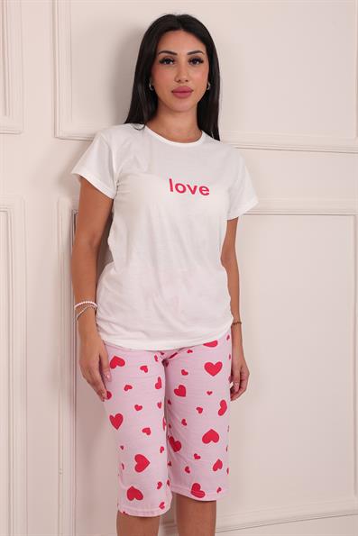 Kadın Love Sloganlı Bisiklet Yaka Kısa Kol Altı Kapri Penye Pijama Takımı