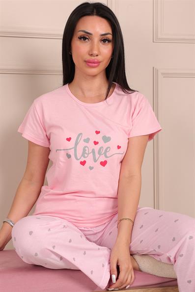 Kadın Love Sloganlı Bisiklet Yaka Kısa Kol Altı Uzun Penye Pijama Takımı