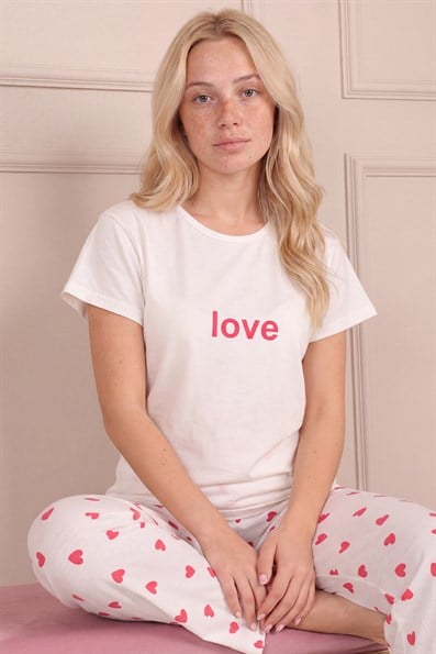 Kadın Love Sloganlı Bisiklet Yaka Kısa Kol Altı Uzun Penye Pijama Takımı
