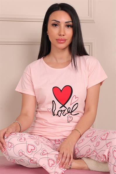 Kadın Love Sloganlı Kısa Kol Penye Pijama Takımı Pembe