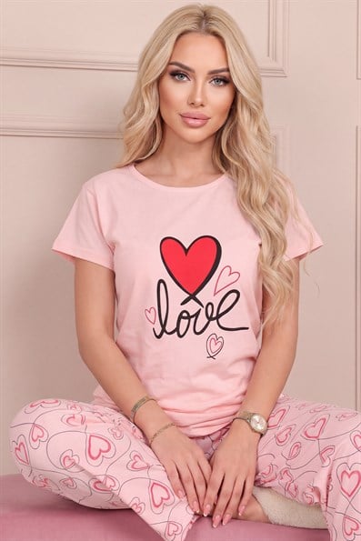 Kadın Love Sloganlı Kısa Kol Penye Pijama Takımı Pembe
