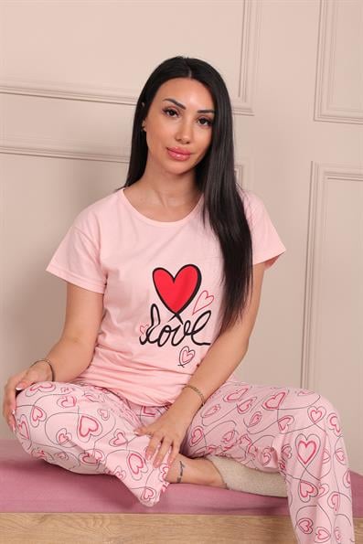 Kadın Love Sloganlı Kısa Kol Penye Pijama Takımı Pembe