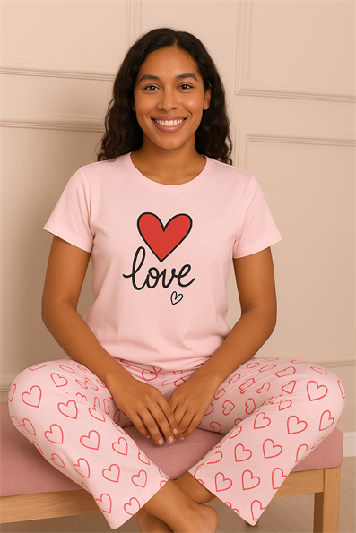 Kadın Love Sloganlı Kısa Kol Penye Pijama Takımı Pembe
