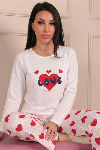 Kadın Love Sloganlı ve Altı Kalp Desenli Penye Pijama Takımı
