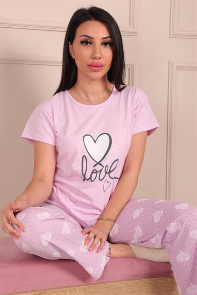 Kadın Love Sloganlı ve Baskılı Bisiklet Yaka Kısa Kol Altı Uzun Penye Pijama Takımı