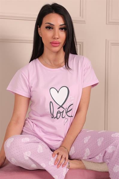 Kadın Love Sloganlı ve Baskılı Bisiklet Yaka Kısa Kol Altı Uzun Penye Pijama Takımı