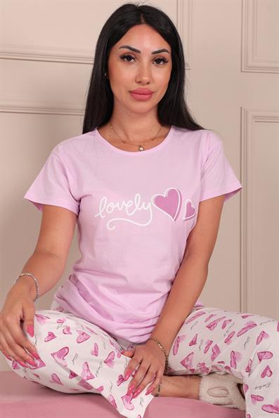 Kadın Lovely Sloganlı ve Kalp Deseni Baskılı  Bisiklet Yaka Kısa Kol Altı Uzun Penye Pijama Takımı