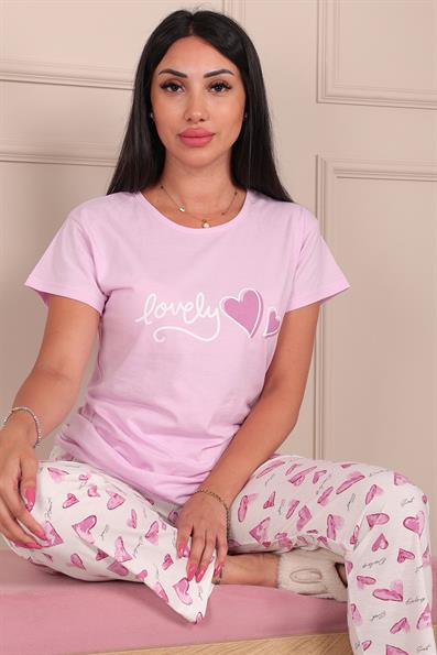 Kadın Lovely Sloganlı ve Kalp Deseni Baskılı  Bisiklet Yaka Kısa Kol Altı Uzun Penye Pijama Takımı