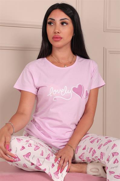 Kadın Lovely Sloganlı ve Kalp Deseni Baskılı  Bisiklet Yaka Kısa Kol Altı Uzun Penye Pijama Takımı