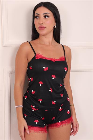 Kadın Mantar Desenli Şortlu Pegasus Pijama Takım Siyah