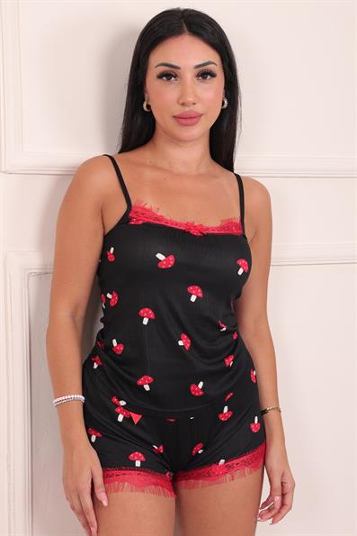Kadın Mantar Desenli Şortlu Pegasus Pijama Takım Siyah