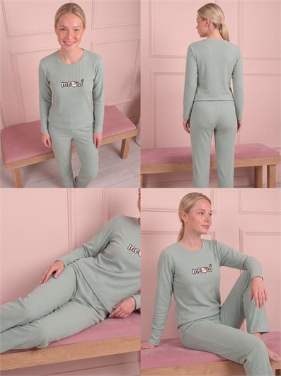 Kadın Meow İşlemeli Bisiklet Yaka Uzun Kol Altı Uzun Pamuklu Fitilli Pijama Takımı