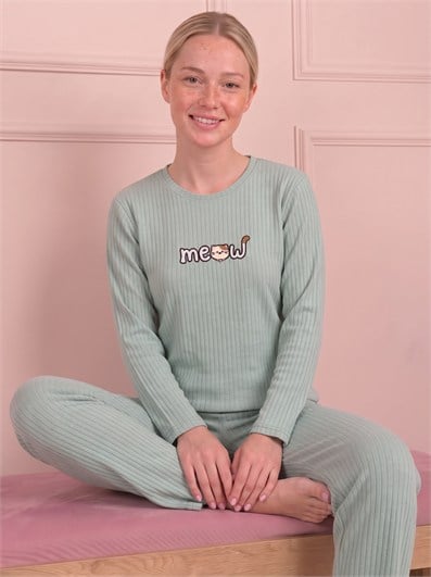 Kadın Meow İşlemeli Bisiklet Yaka Uzun Kol Altı Uzun Pamuklu Fitilli Pijama Takımı